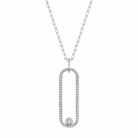 14k White Gold Long Oval Pendant 30" Chain Diamond Necklace