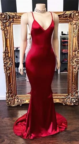 2023 New Arrival Red Mermaid V Neck Backless Elastic Satin Prom Dresses