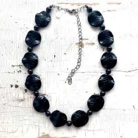 Black Carved Leaves Beaded Marco Necklace