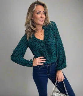 Green Animal Print Ruffle Popover Blouse