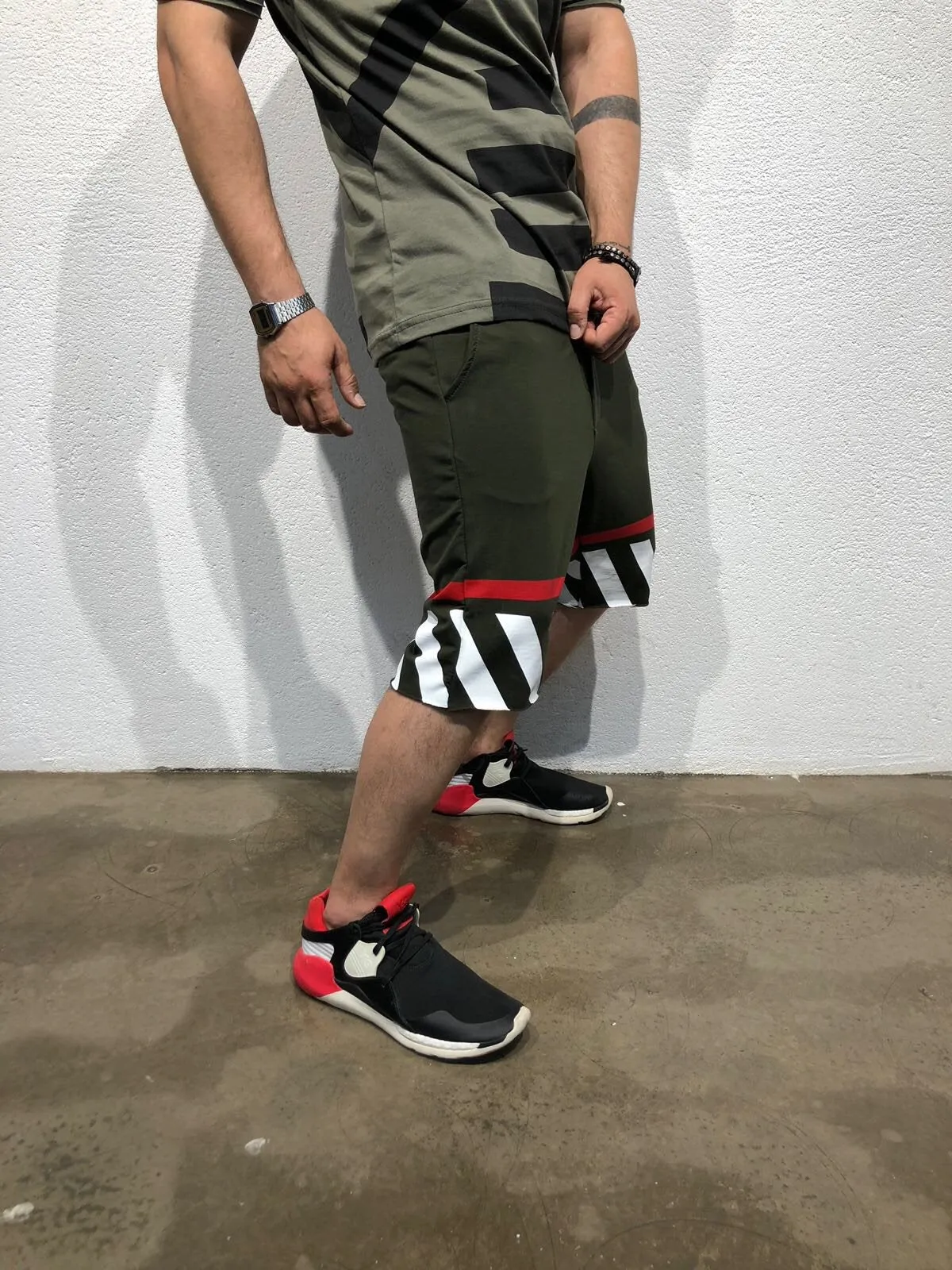 Khaki Striped Sweat Short B181 Streetwear Sweat Shorts